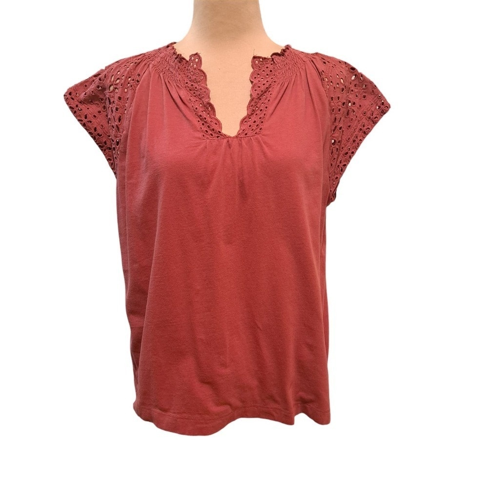 Loft Peasant Style Short Sleeve 100% Cotton Eyelet Lace Blouse Size M Brick Red - Picture 1 of 5